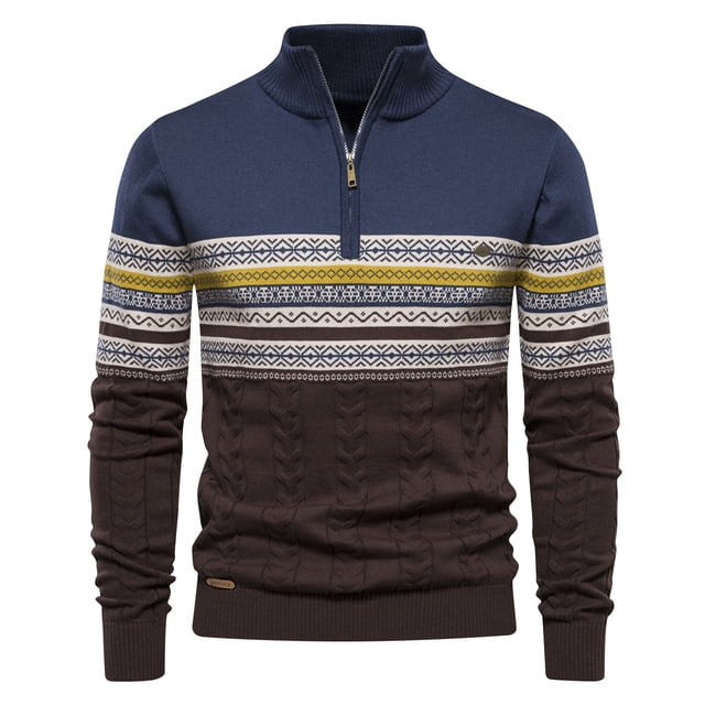 LOVZFMLL Sweaters for Men, Vintage Striped Color Block Turtleneck Ribbed Pullover, Casual Fashion Half-Zip, Fall Clothes, Warm Winter Tops