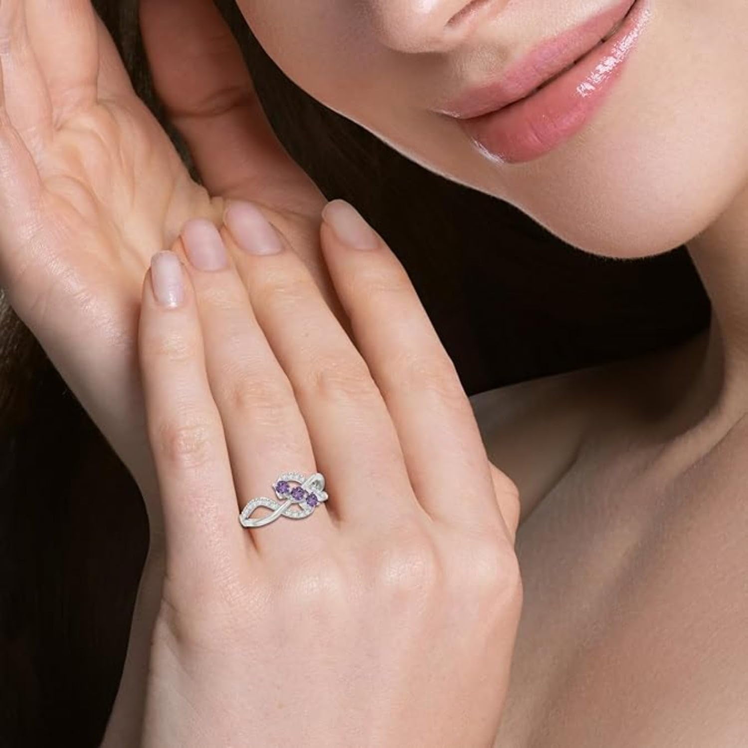 925 Sterling Silver Round 0.9 Ctw Amethyst Gemstone Three Stone Cluster Style Women Engagement Ring, Anniversary Promise Rings, Gift For Her_7.5