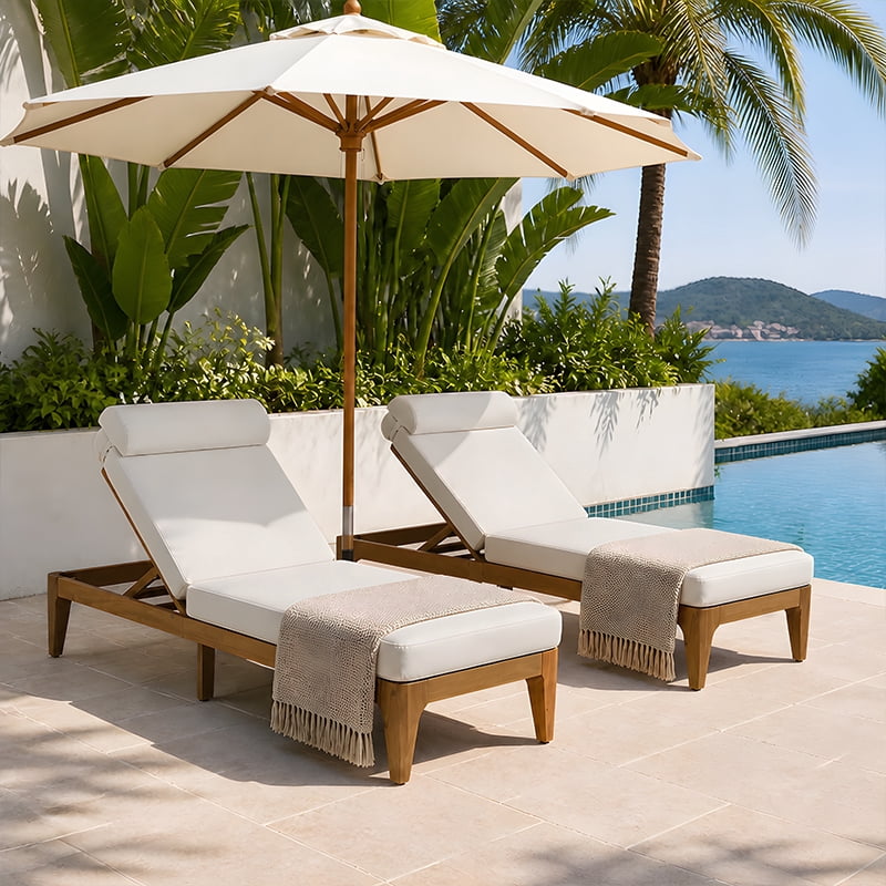 Mintazer Outdoor Chaise Lounge Set of 2, Sun Lounge Chair with Removable Cushion & Head Pillow, Patio Recliner with 4 Gear Adjustable Recliner for Poolside Deck, Natural & Beige
