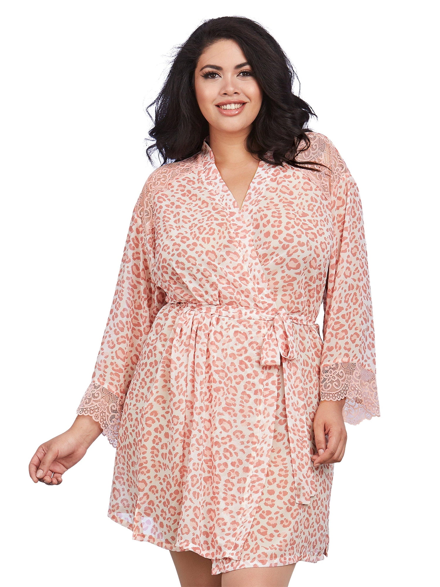 popiv Plus Size Pink Leopard Print Chiffon Robe with SetIn Belt