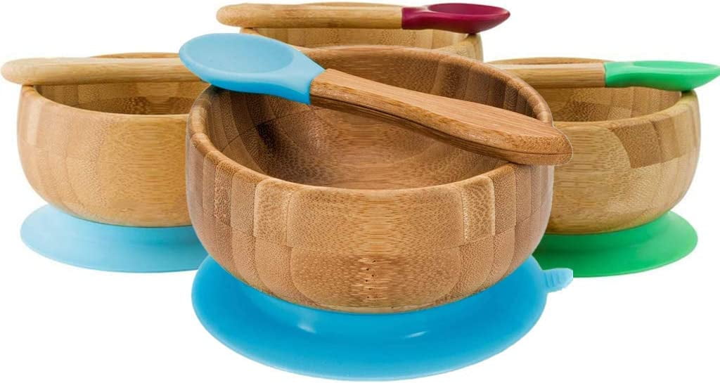 Plato de bambu para bebe con ventosa antideslizante que incluye plato de succion para bebe plato de alimentacion con ventosa constante cuchara para bebe a juego juego de vajilla para bebe JFHHH