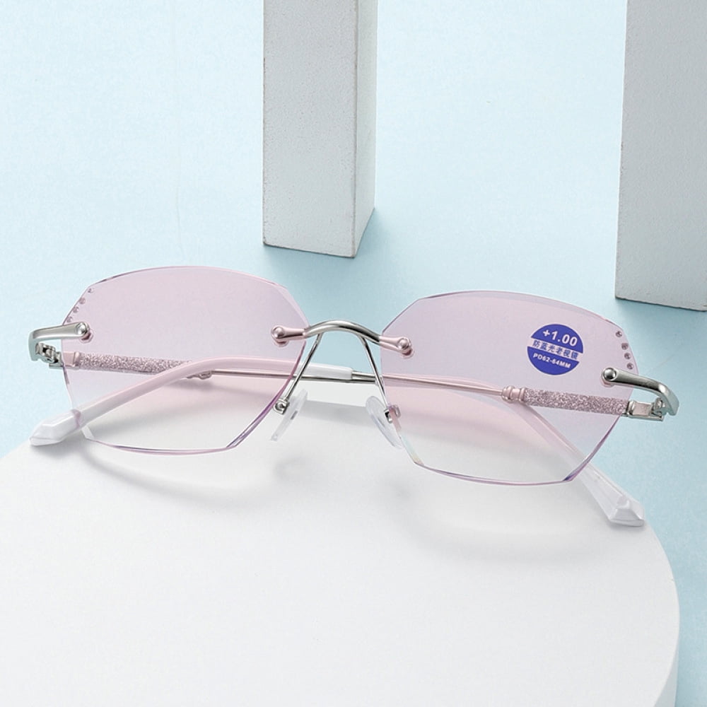 2 Pairs of New Rimless Diamond Trimming Silver Anti-Blue Light Reading Glasses Fashion Metal Gradient Pink Sunglasses Readers +3.50