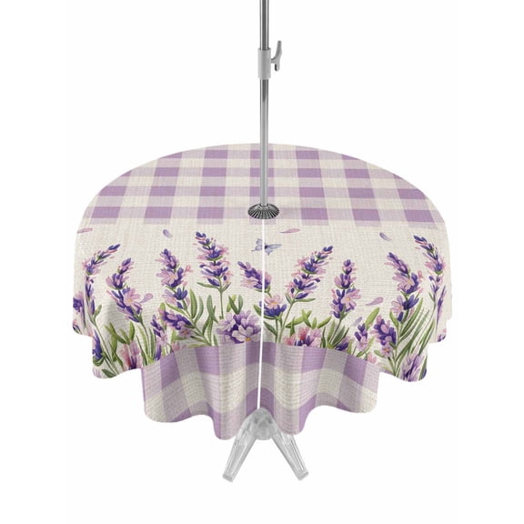 Outdoor Tablecloth with Umbrella Hole and Zipper, Purple Lavenders Round Table Cloth 60 Inch Waterproof Tablecloth, Spring Floral Plaid Farmhouse Rustic Picnic Table Cover for Patio Camping