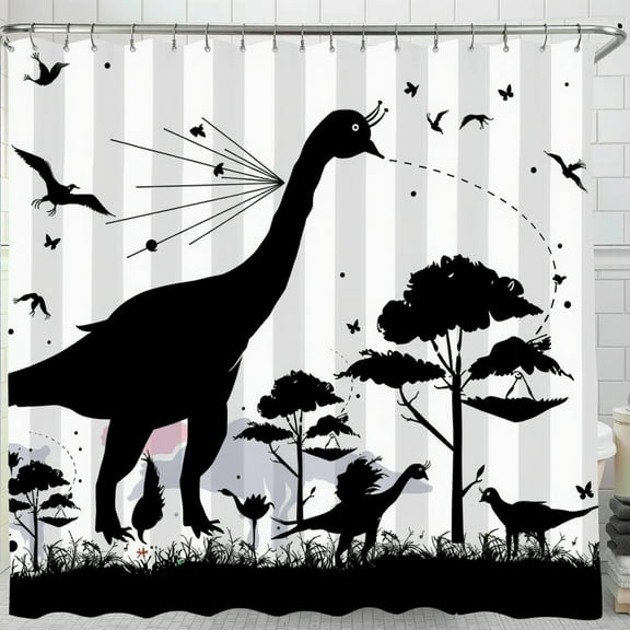 Whimsical Black and White Shower Curtain with Butterflies & Trees