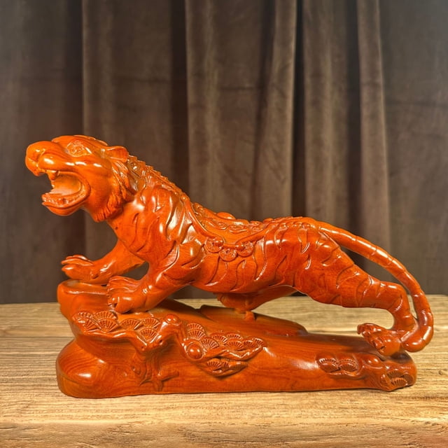 Rosewood carved tiger sculpture, one of the twelve zodiac animal figurines, perfect for living room home decorations or as a gift.