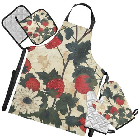 Ryvnso Strawberry Daisy Floral Retro Kitchen Apron Oven Mitts Set Pot Holders
