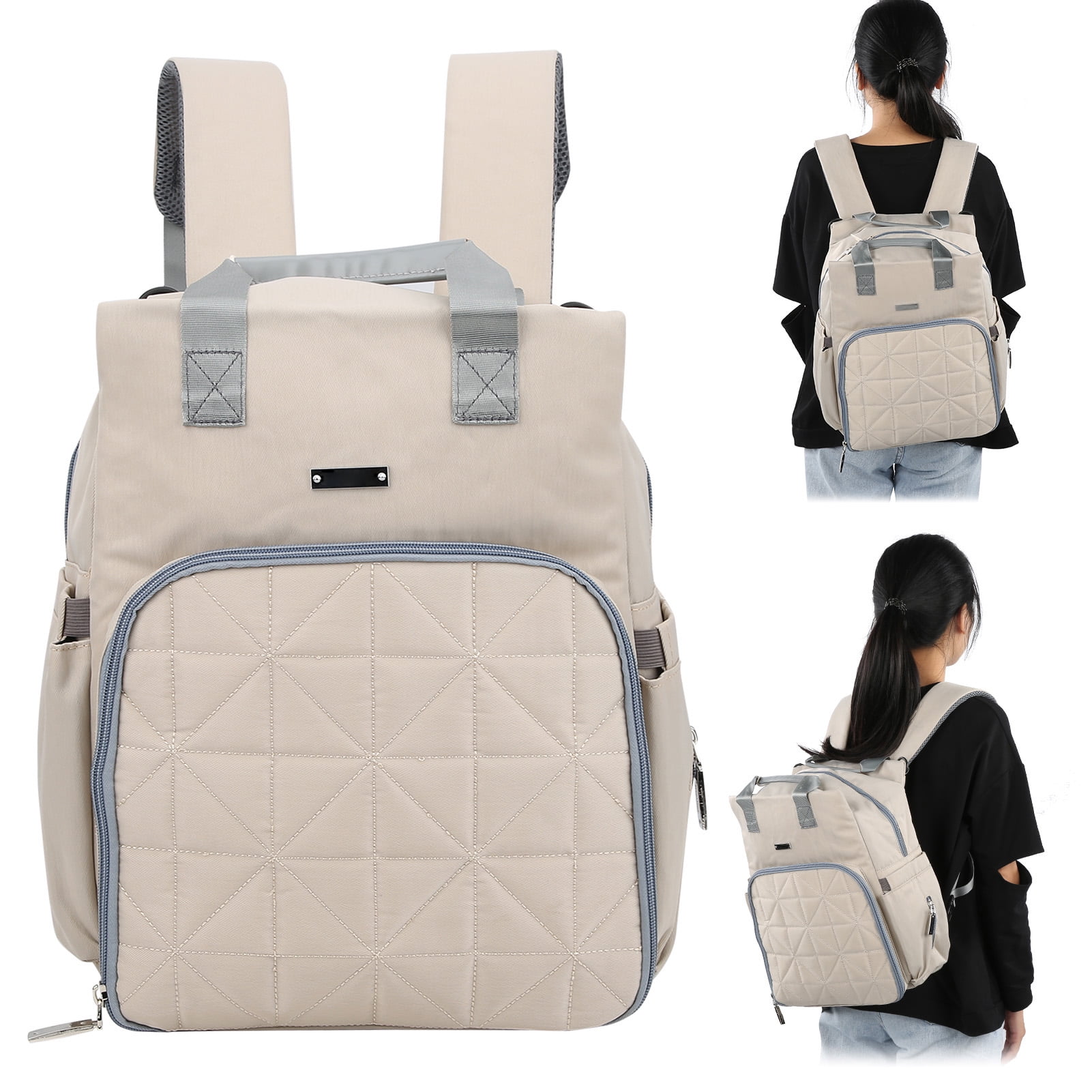 Suodoka Premium Convertible Water-Resistant Nylon Backpack Diaper Bag Set with Changing Pad and Stroller Hooks for Travel, Unisex, Beige, 11.4 x 4.7 x 14.2 in / 29 x 12 x 36 cm, 1.54 lbs / 700 g
