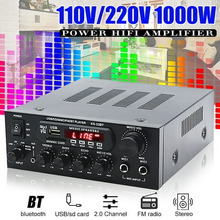 900W 110V 2CH HiFi High Power Audio Amplifier B luetooth Wireless Streaming Receiver System FM Radio/MP3/USB/SD 2 Microphone Jacks & Echo Effect + Remote