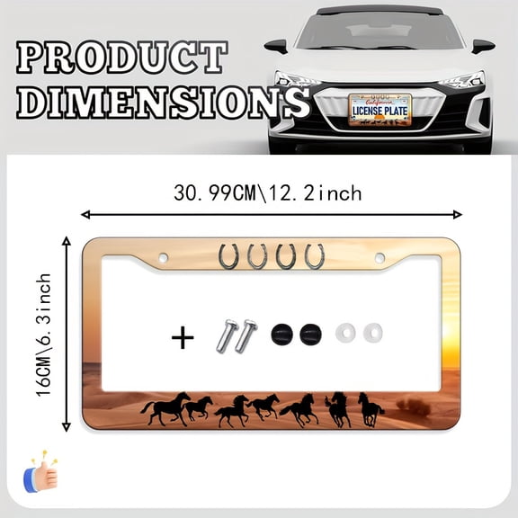 1pc Elegant Western Cowboy License Plate Frame with Horse Silhouette- Heavy-Duty Aluminum Metal Construction, Fit for Most Vehicles, 12.2X6.3 Inch(31X16Cm), Easy Installation Screws& Bolts Included