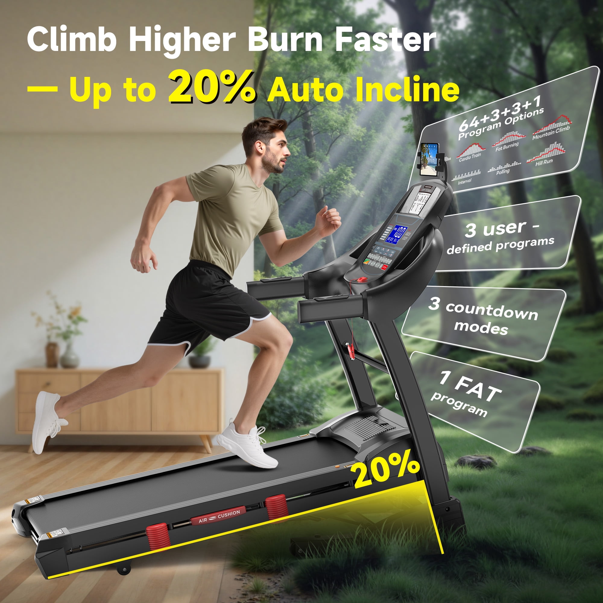 Treadmill with 15% Auto Incline, Treadmills for Home, Treadmill with 300lbs Capacity, Folding Treadmill with 18’’ Wide Belt, 4.5HP Brushless Motor, APP Control, 0.6-10MPH, 64Preprograms