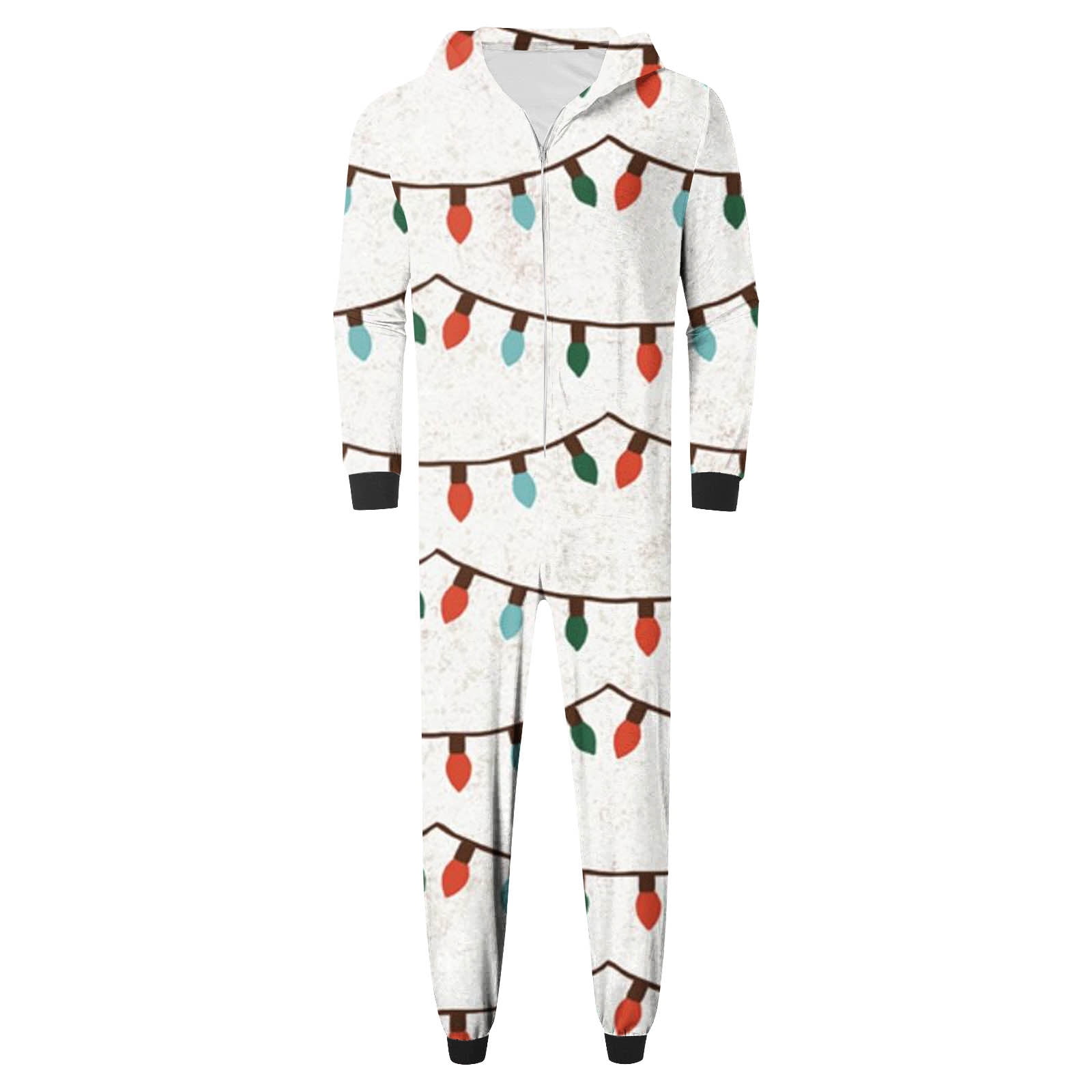 Odeerbi Matching Family Christmas Pajamas Sets Hooded Onesie Sleepwear Mens Xmas Light String Print Plush Jumpsuit Long Sleeve Family Parent-Child Wear Loungewear Sleepwear Jammies for Dad