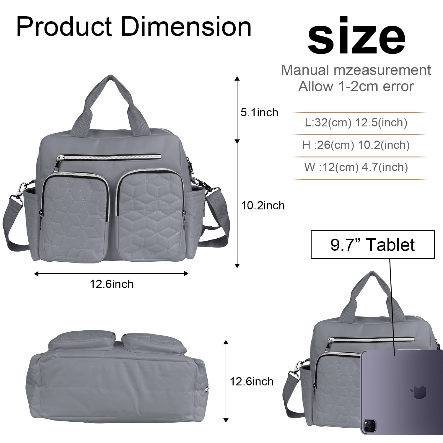Diaper Bag Tote,AILKIN Baby Diaper Bag with 3 Insulated Pockets Adjustable Shoulder Strap Dry & Wet Compartment Large Capacity Bag Maternity Mommy Travel Diaper Bag for Boys Girls,Women(Gray)