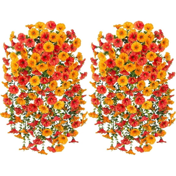 BITOUSHI Artificial Flowers for Outdoors Decoration, 2Pcs Orange & Yellow Fake Hanging Flowers, UV & Fading Resistant, Faux Decor for Porch Patio Balcony Planter