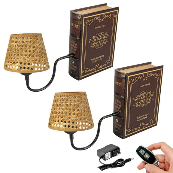 Kiven Cordless Bookshelf Lamp, Set of 2 Rechargeable Bookcase Lighting with Rattan Lampshade, Farmhouse Decorative Bookend, Cordless Table Lamp for Bedside Bookshelf Office Home Decor-DZ0317