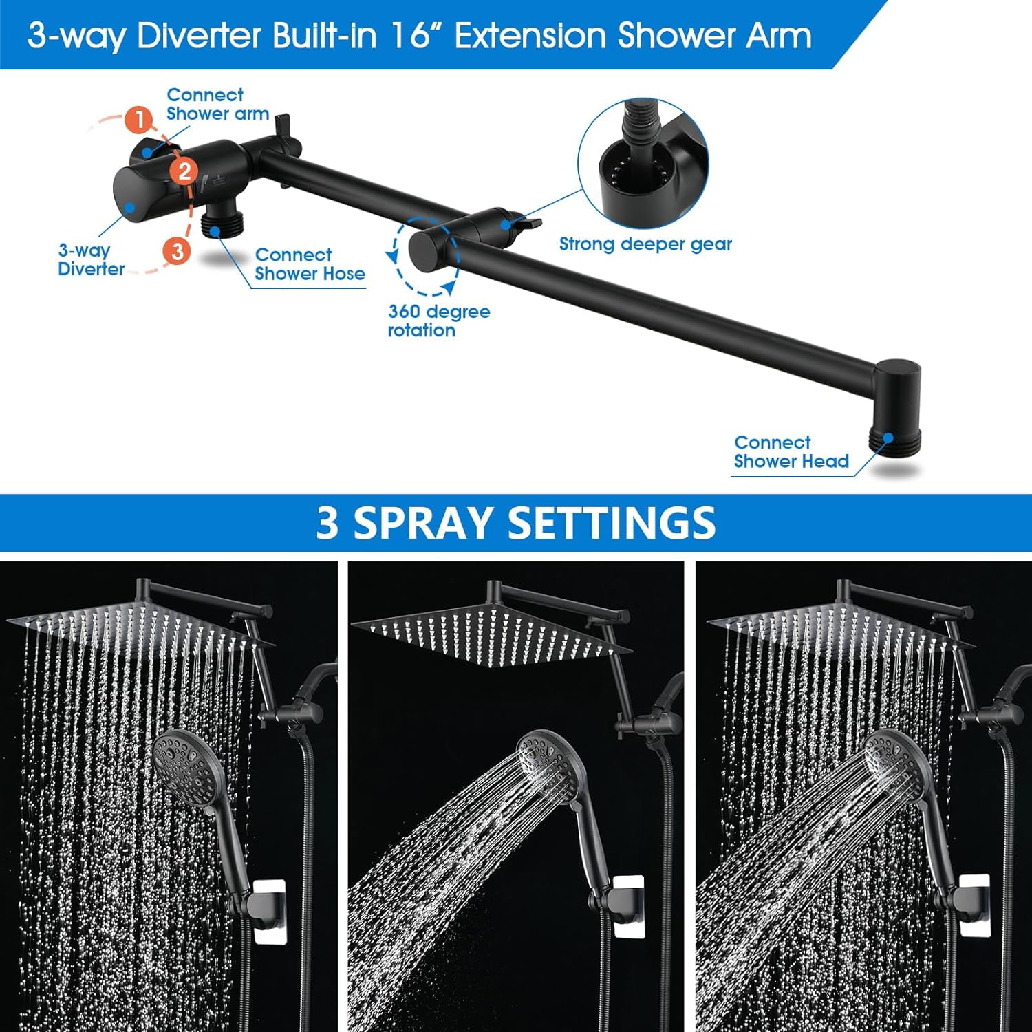 10" Rainfall Shower Head with Handheld Spray, Dual Rain Showerhead with High Pressure 10-Setting Wand Combo, 16" Adjustable Extension Arm Build-in 3-way Diverter, 6ft Hose - Matte Black