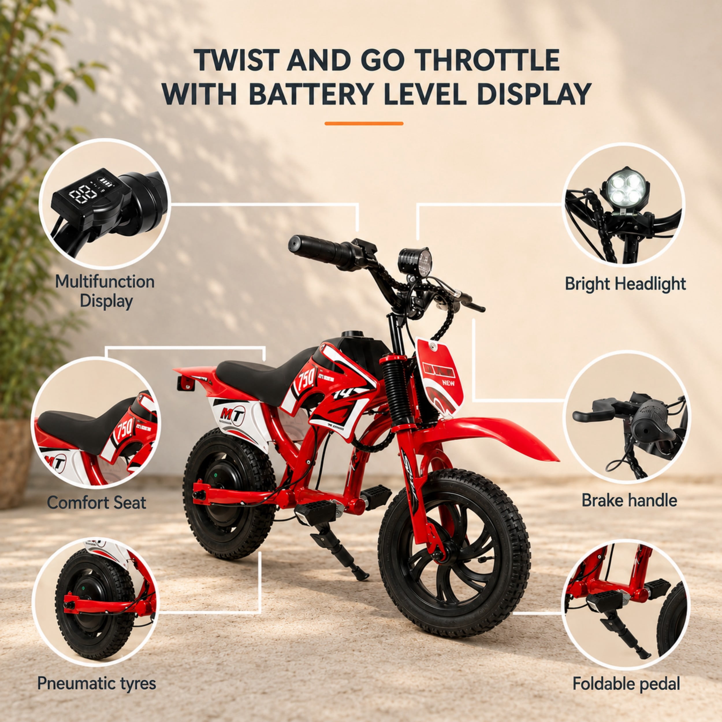 Nexrid MT750 Electric Dirt Bike, Red with Decals, 300W Motor, 10 mph Max Speed, 25.2V 2600mAh Battery, Electric Ride On for Kids