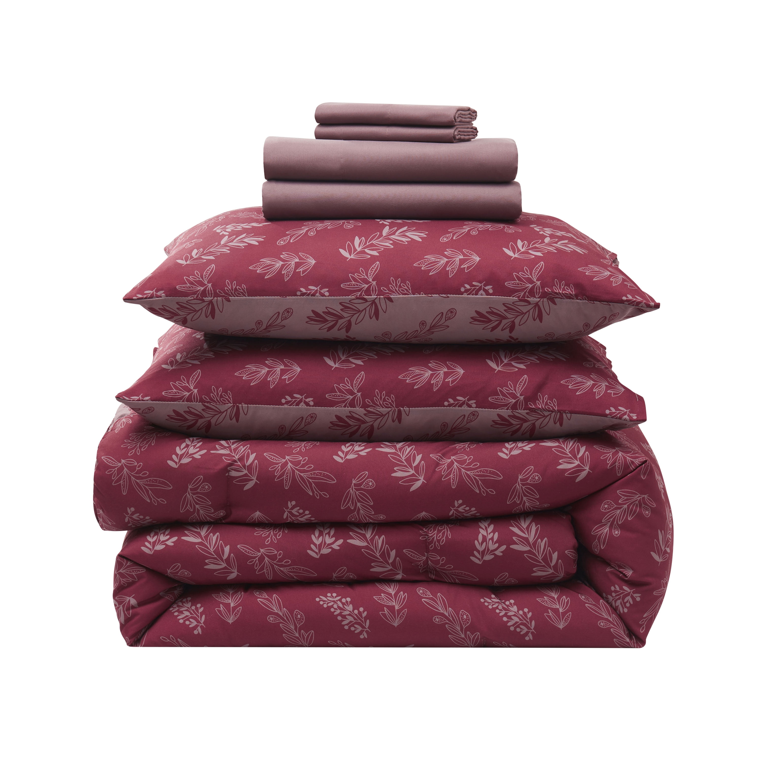 LammaLoe Queen Comforter Set, 7 Piece Botanical Bed in a Bag, Reversible Bedding Comforter Set with Sheets, Modern Queen Bed Set, Mulberry/Smoky Lavender