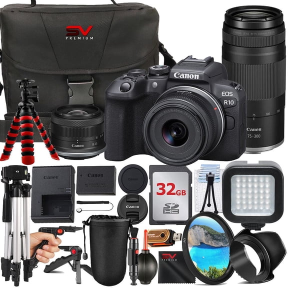 Canon EOS R10 Mirrorless Camera with RF-S 18-45mm   75-300mm Lens   32GB Memory Card   Case   Tripod   SV Premium Accessory Bundle (International Version)