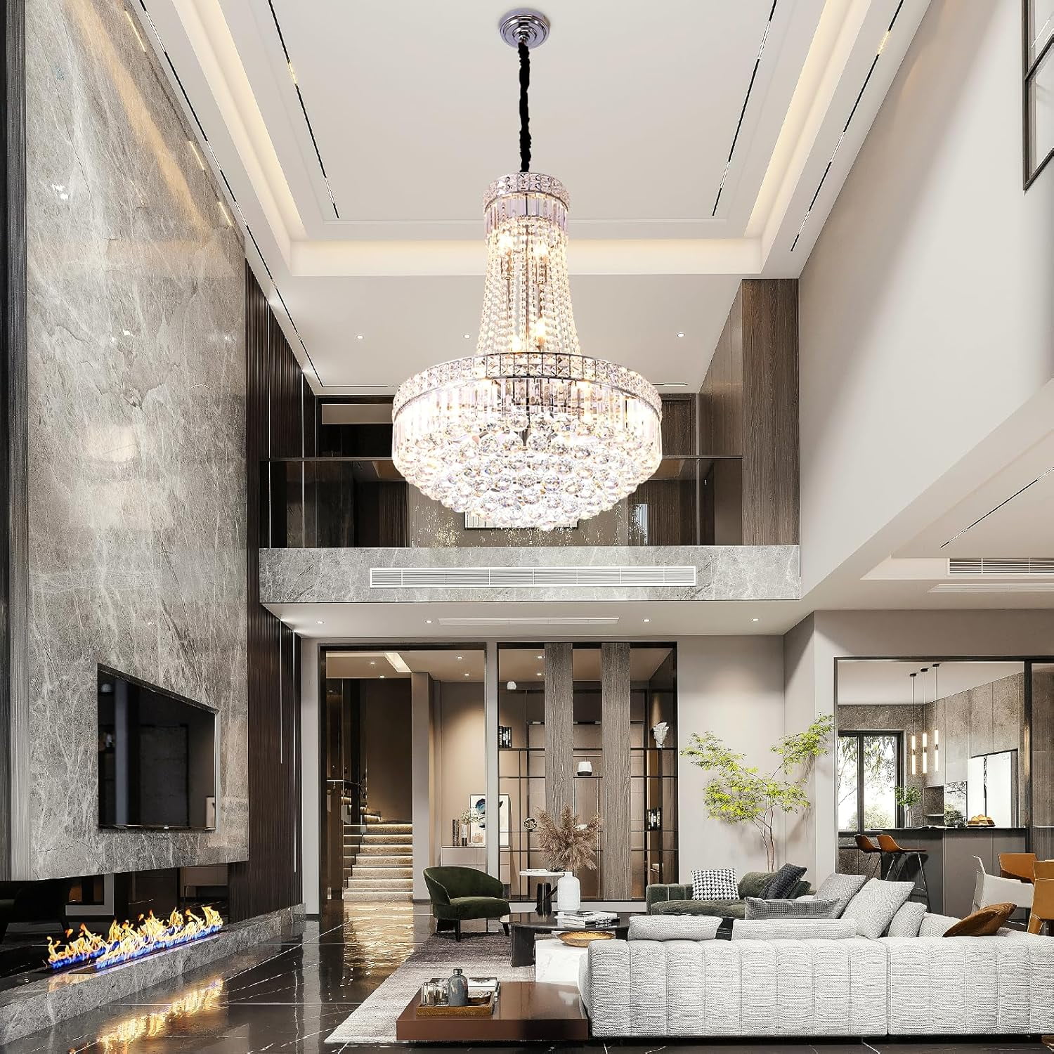 More Change Modern Crystal Chandelier Chrome Empire Hanging Chandelier 13-Lights Crystal Ceiling Pendant Light Fixture for Living Room Dining Room Foyer
