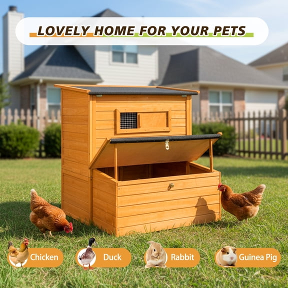 Chicken Coop, Double-House Wooden Coop for 6-8 Chickens with 3 Nesting Boxes & 2 Pull-Out Trays, Foldable Ramp & Asphalt Roof, Orange