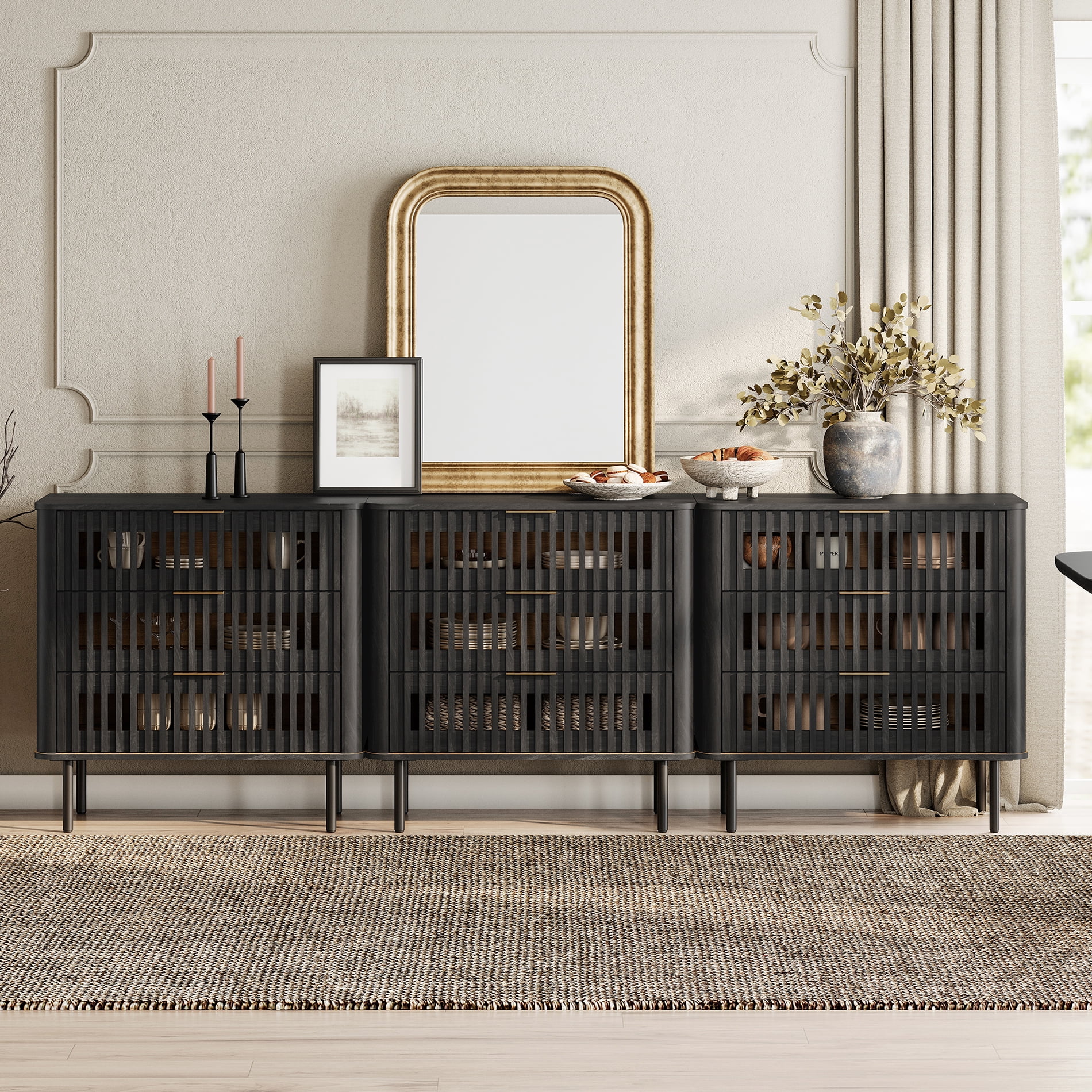 94.5"W Sideboard Buffet Cabinet with Storage, Fluted Kitchen Buffet Storage Cabinet with 9 Drawer, Large Coffee Bar Cabinet, Modern Buffet Table for Dining Living Room, Black