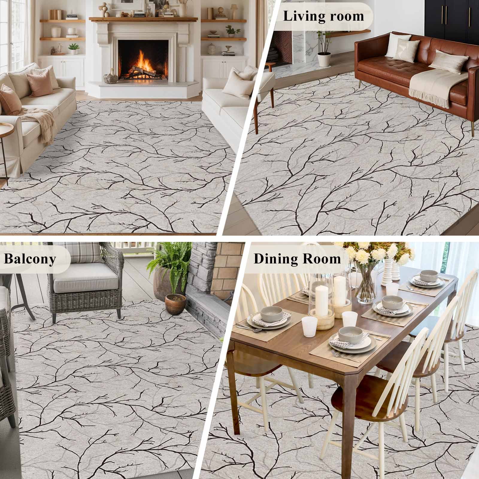 Black Grey Branches Area Rugs 8'x10', Washable Small Throw Rugs for Living Room Patio, Vintage Art Farmhouse Indoor Outdoor Rug Non-Slip Low Pile Carpet Runner Reversible Floor Mats