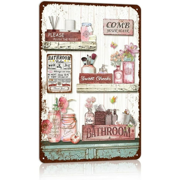 Funny Bathroom Rules Metal Tin Sign Wall Decor - Farmhouse Bathroom Quote Tin Sign for Toilet Restroom Washroom Home Decor Gifts
