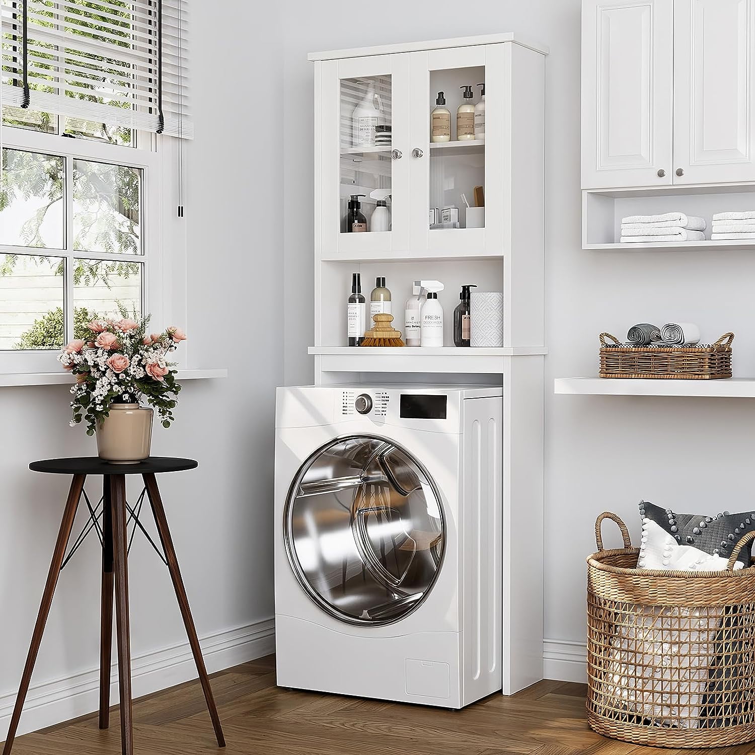 Sobaniilo Over The Toilet Storage Cabinet for Bathroom, Storage Organizer Over Toilet, Space Saver with Tempered Glass Doors, White