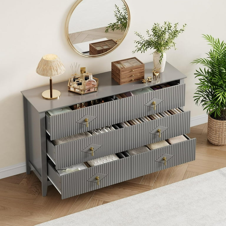 grey fluted dresser Garvee Fluted Dresser 54 Inch Wide, 6-Drawer Wood Dresser for Bedroom,  Modern Chest of Drawers, Storage Organizer Cabinet for Living Room,  Hallway,