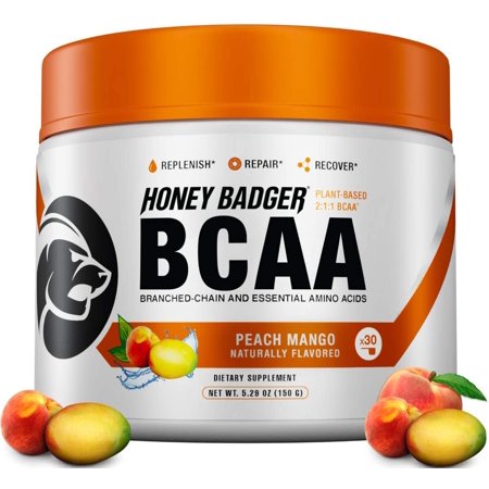 Honey Badger BCAA Amino Acids Powder | Vegan Keto Peach Mango BCAAs + EAA for Men & Women | Electrolytes for Hydration & Post-Workout Recovery | Sugar Free & Paleo | 30 Servings…