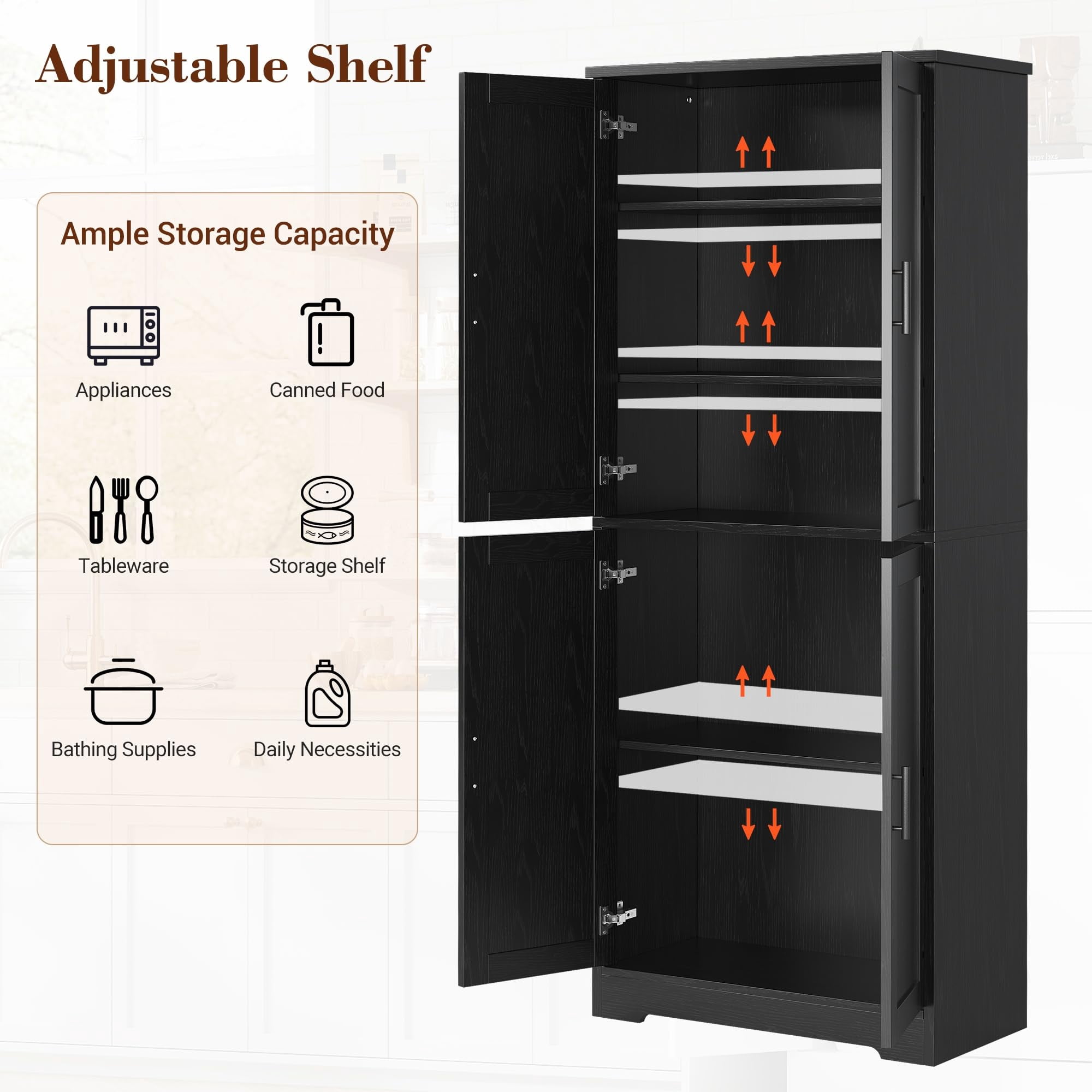 Accreate Tall Kitchen Pantry Cabinet, 70'' Storage Cabinet with 4 Doors and Adjustable Shelves, Freestanding Large Utility Storage Cupboard for Dining Room, Bathroom, Living Room