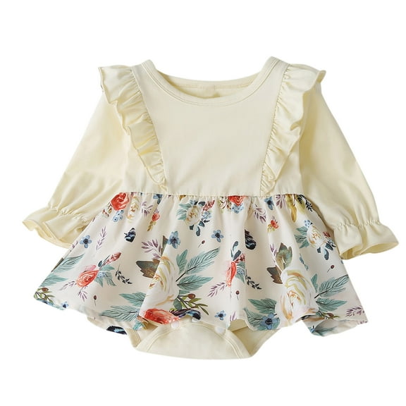 Penkiiy Newborn Infant Baby Girls Winter Long Sleeve Flowers Printing Romper Jumpsuit kids Baby Easter Romper 3-6 Months Beige on Clearance