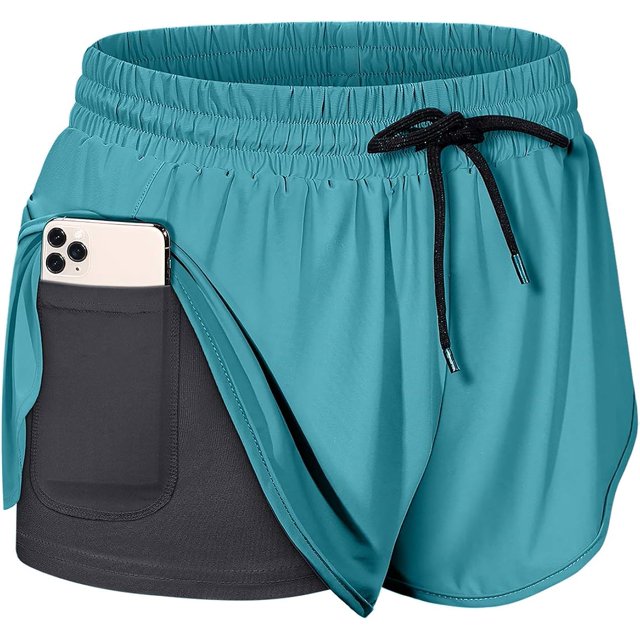 Pantalones cortos deportivos para correr con cordón en la cintura para mujer y bolsillo interior $ Pantalones cortos deportivos con cordón elástico de doble capa para mujer y bolsillos $ Pantalones