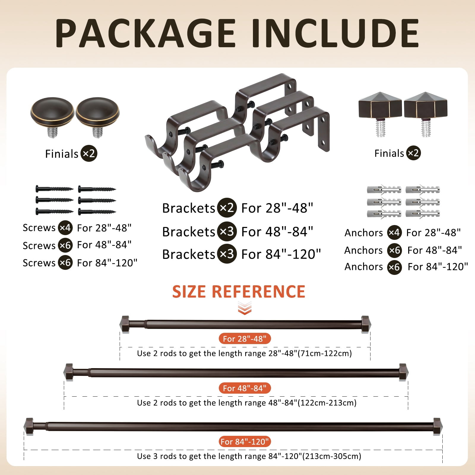 Ridicili 5/8" Telescoping Double Curtain Rods with Octagonal Finials, Bronze Gold, 28"-48", 5/8 Inches Front and 1/2 Inches Back Double Window Drapery Rod