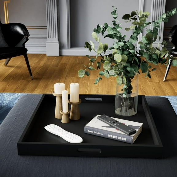 Ottoman Tray for Living Room: Modern Extra Large Black Serving Decorative Trays with Cutout Handles for Coffee Table Home Decor, 20"
