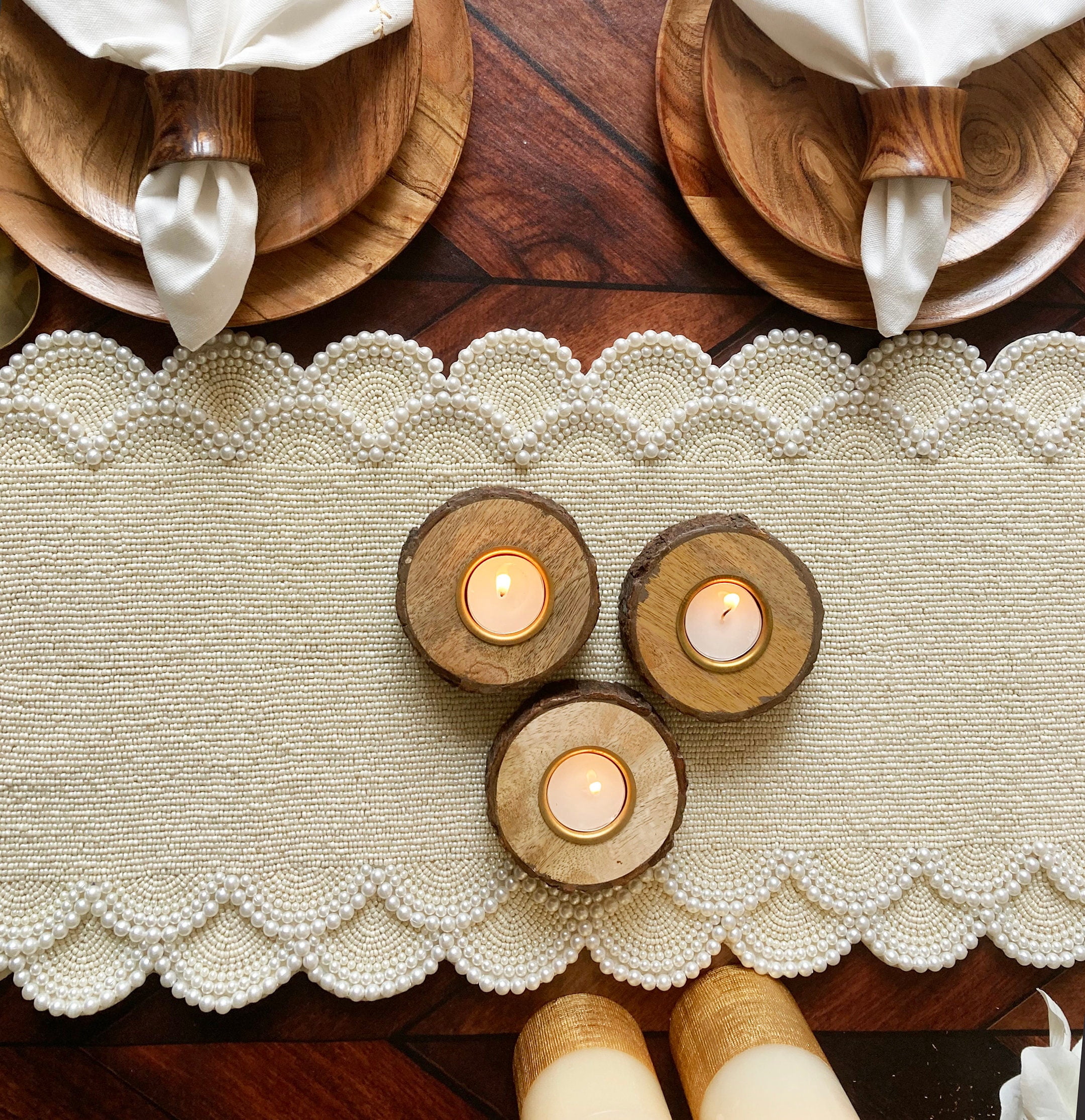 Handmade beaded table runner, pearl white, wedding table runner 13x36inch