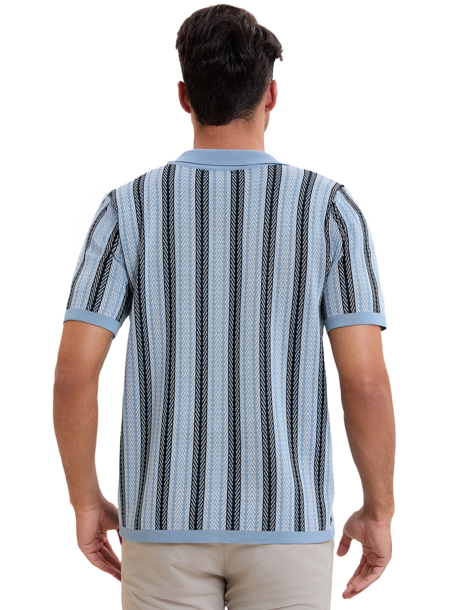 DARING DIVA Men's Striped Short Sleeves Button Down Jacquard Polo Shirts S Light Blue