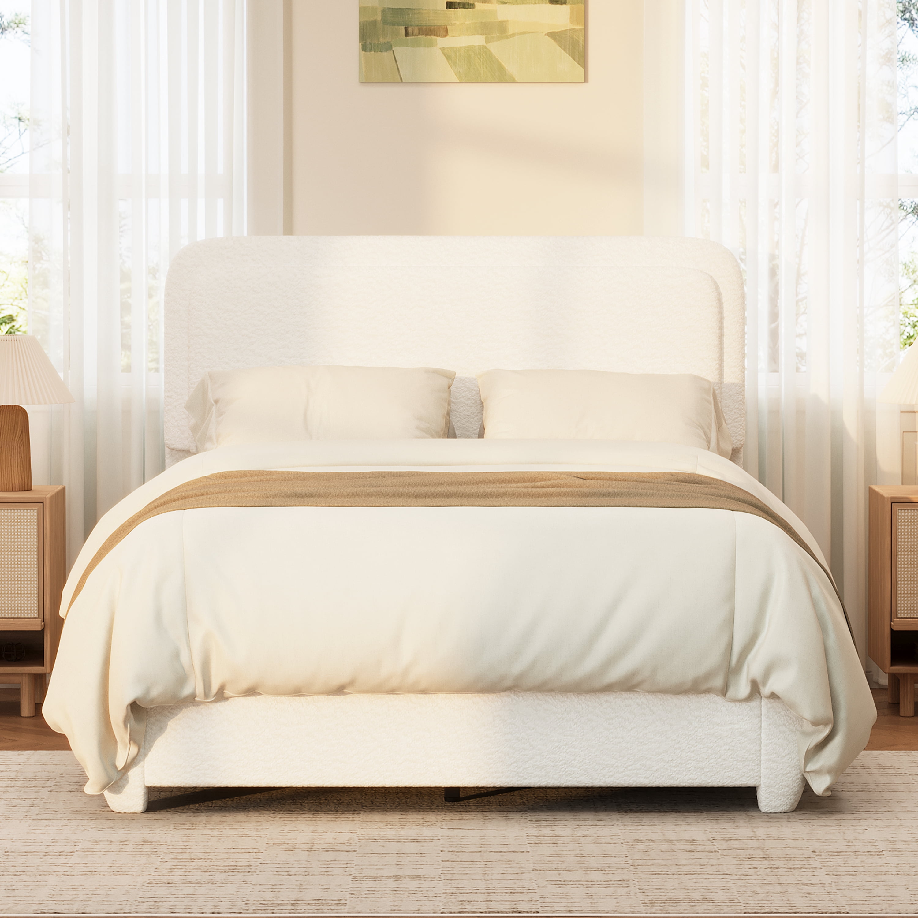Euroco Boucle Full Size Platform Bed with Height Adjustable Headboard, Low Profile Modern Bed with Curved Cloud Headboard, White