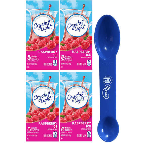 (Pack of 4) Crystal Light Raspberry Ice Artificially Flavored Powdered Drink Mix, 6 ct Pitcher Packets  (2in1) Miras Trademark Measuring Spoon Included)