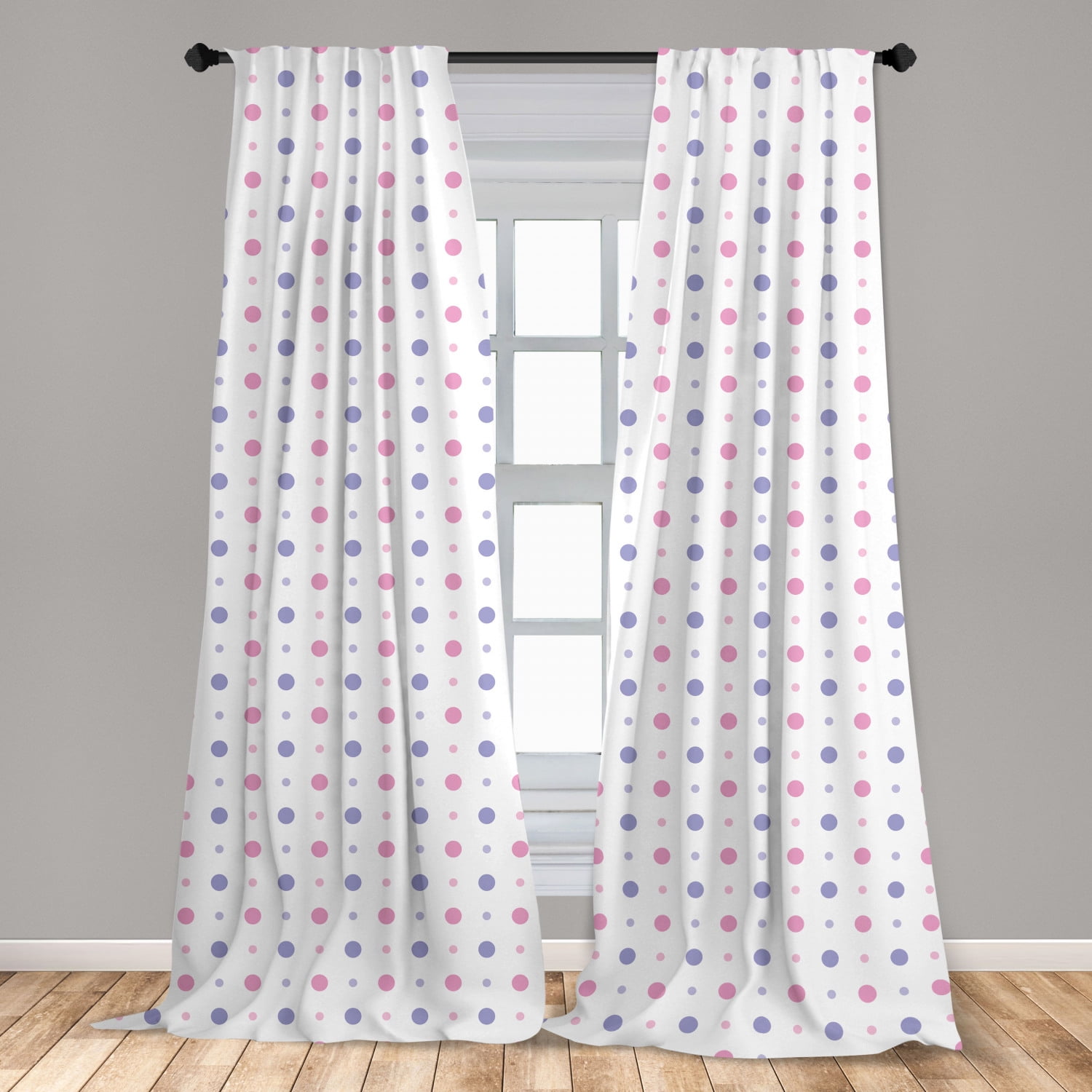 Pink Polka Dots Curtains 2 Panels Set, Pastel Design Simplistic Rounds