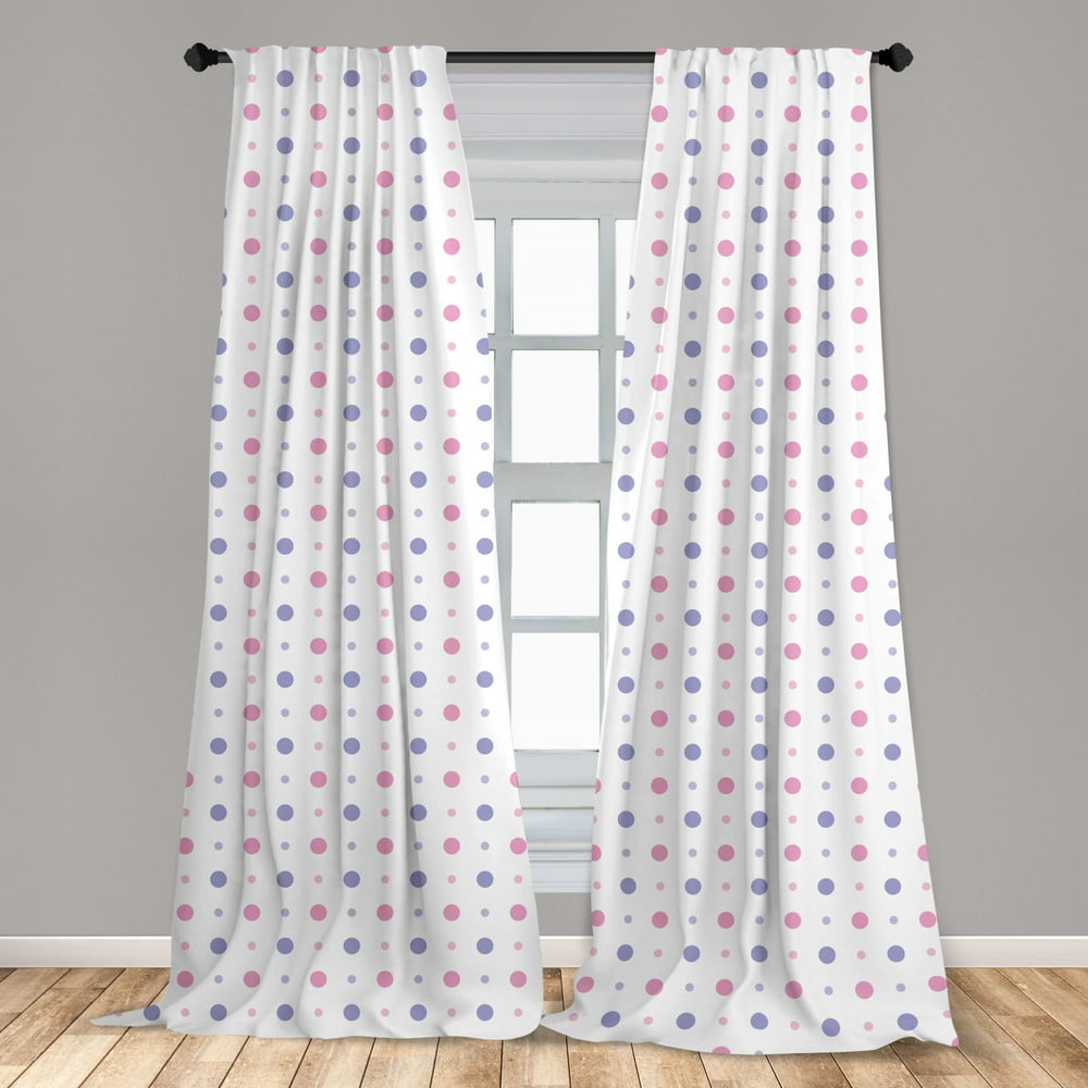 Pink Polka Dots Curtains 2 Panels Set, Pastel Design Simplistic Rounds