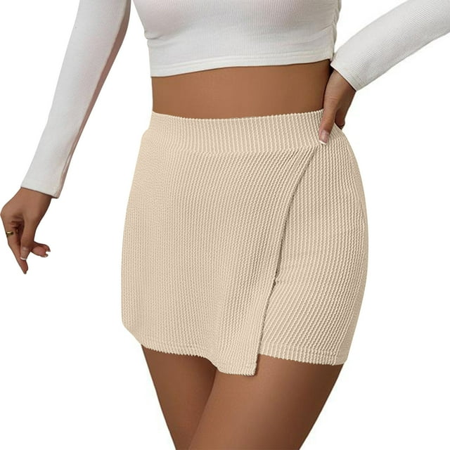 SwiftWear Women's Knit Mini Skorts - Mid-Rise Stretch Bodycon Skirt with Front Slit & Built-in Shorts