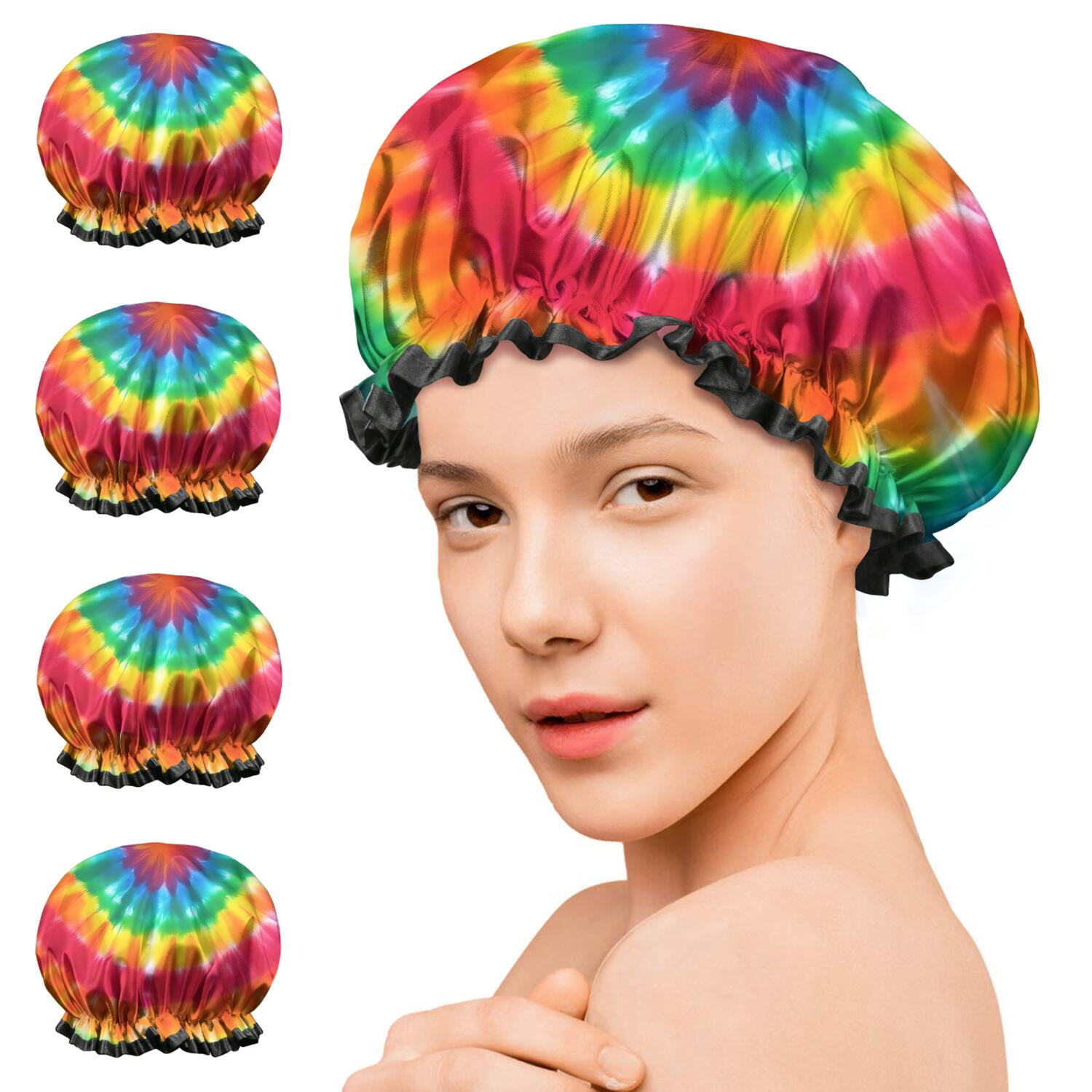 Shower Caps,Colorful Rainbow Tie Dye Spiral Pattern Waterproof Shower Cap for Women 4 Pieces,Double Reusable Hair Cover for Shower PEVA Elastic Stretch Hem