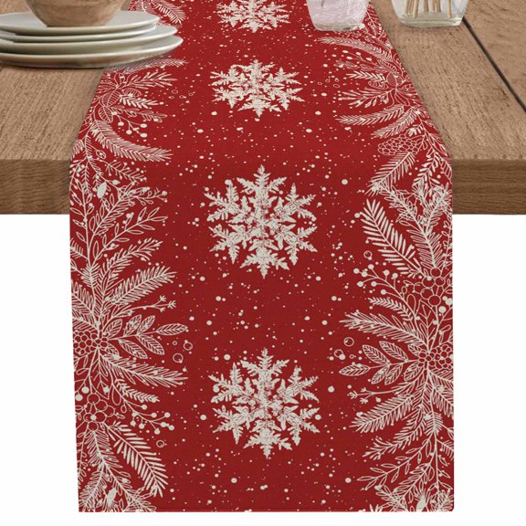nqOlkjepod Christmas Snowflakes Table Runner 48 Inches Long Farmhouse Dress Scarves, Winter Xmas Pine Leaf Red on Linen Dining Tablerunner for Coffee Table/Kitchen Island/Party Décor, 13" x 48"
