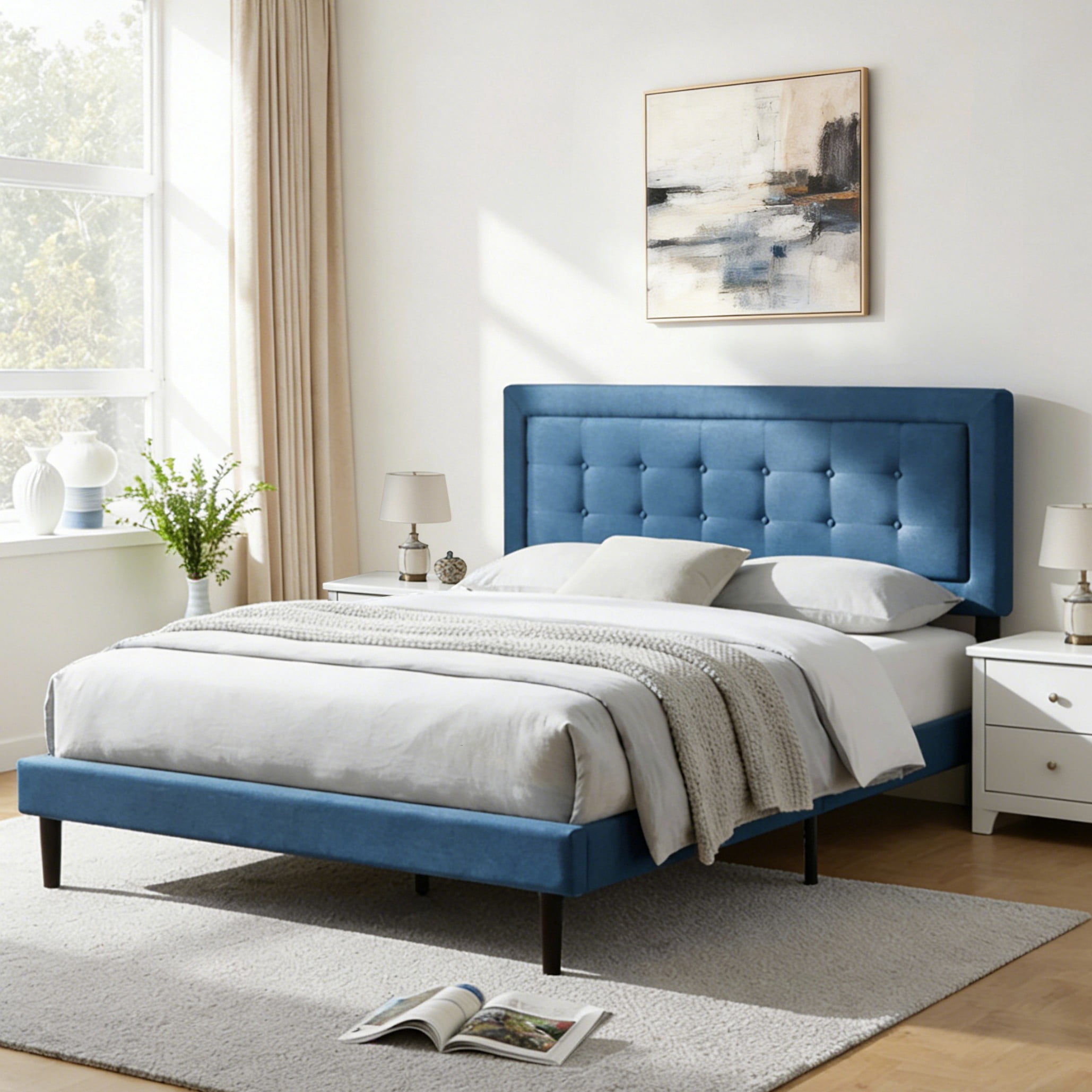 BSHTI Queen Size Platform Bed Frame with Square Tufted Upholstered Headboard – Solid Wood Frame, 12 Wood Slats, Center Support Leg, Under-Bed Clearance, No Box Spring Needed