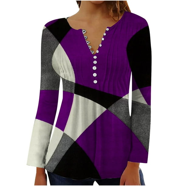 ICHUANYI Clearance Women Fashion Summer Sexy Fold Printed Regular Women Long Sleeves V Neck Button(Purple, L) ICHUANYI WER2023081202581