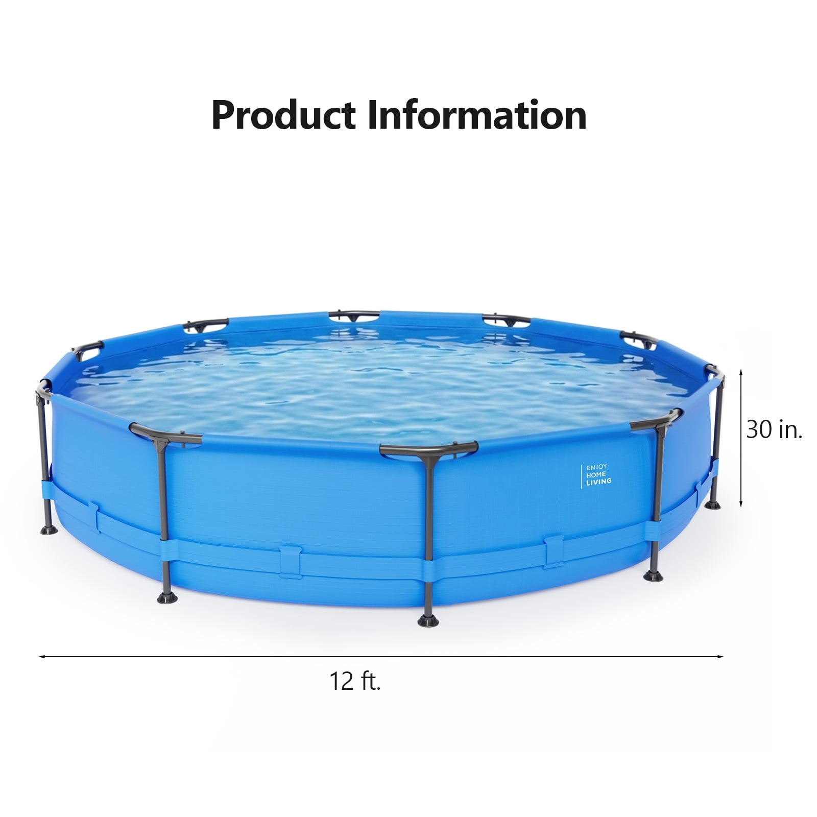12FT x 30IN Round Above Ground Swimming Pool with Blue Heavy‑Duty Iron Frame for Backyard Patio Garden Family Summer Water Fun