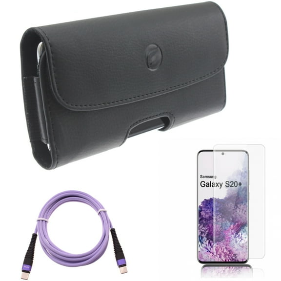 Purple 6ft PD Cable w Screen Protector w Case Belt Clip for Samsung Galaxy S20 Plus - Type-C to USB-C Long Charger Cord Power, Tempered Glass [Fingerprint Unlock] 3D Curved Edge fits Galaxy S20 Plus