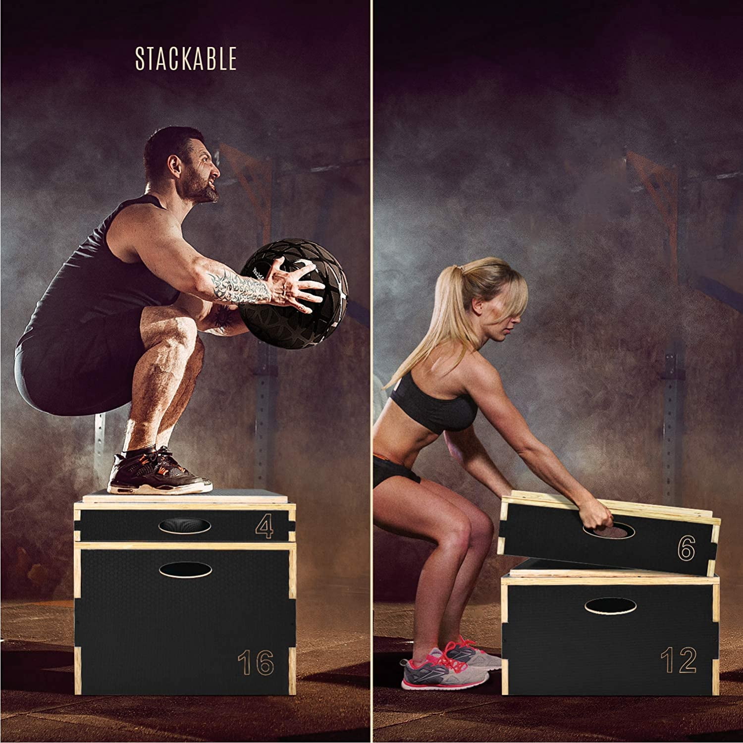 Yes4All 8 in Stackable Wooden Plyo Box, with Anti-Slip Surface for Home Gym, Black