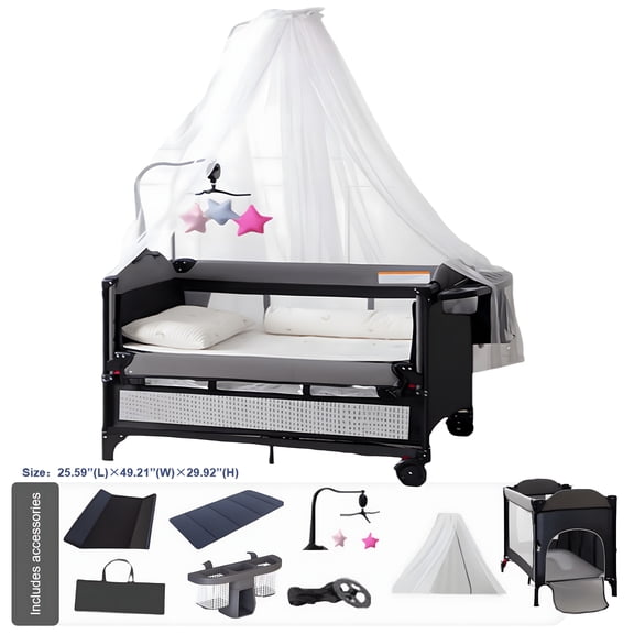 5-in-1 Baby Playard, Newborn Beside Bassinet, Multi-Function Baby Crib, Diaper Changer & Music Toy Arch for Newborn & Toddler, Unisex,Gray